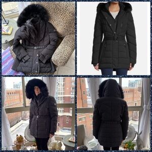 Michael Kors Women's Black Puffer Coat with Faux Fur Black Hood - Stunning!